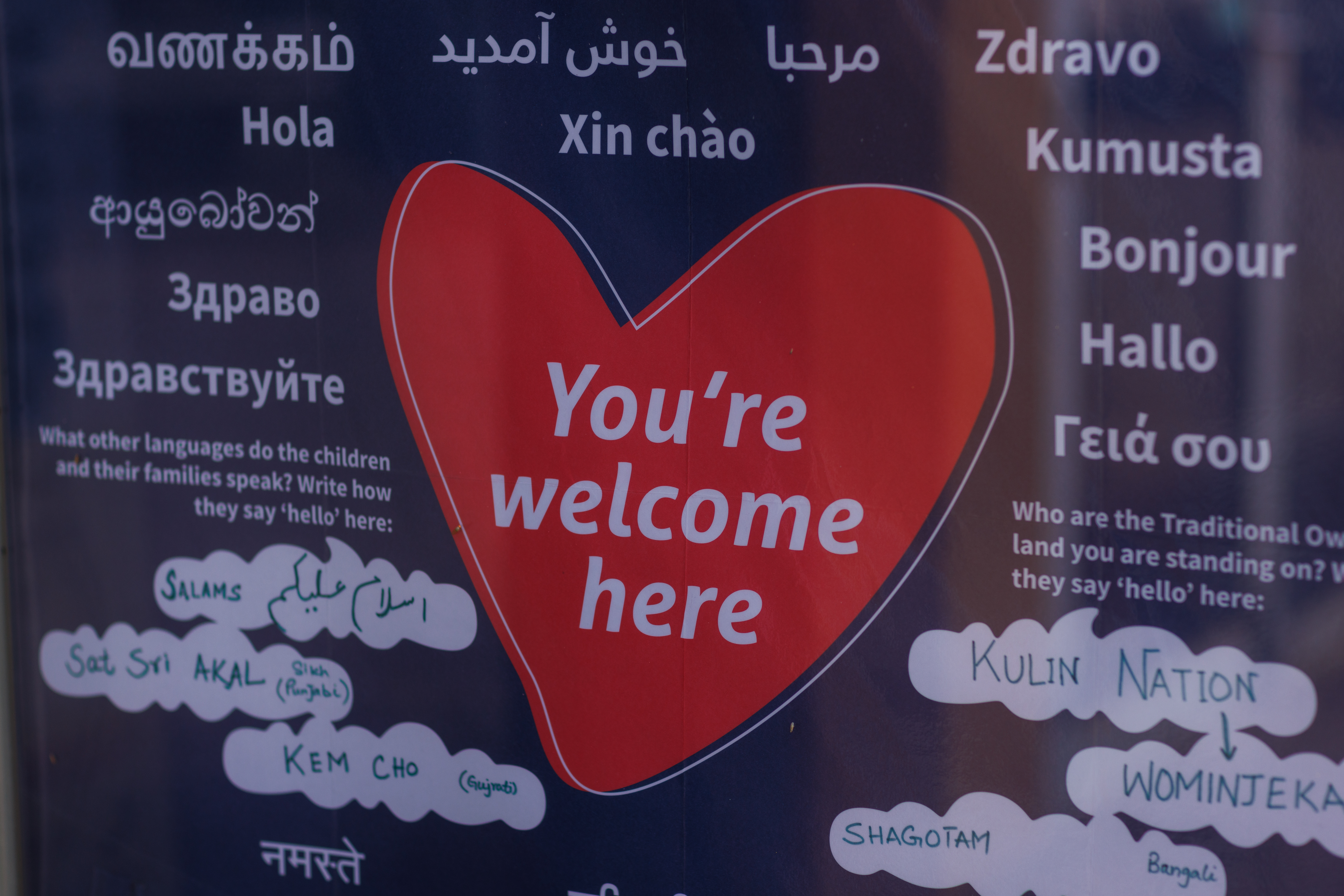 An image of a heart with the words 'You're welcome here' written on it, surrounded by the word 'Hello' written in different languages.
