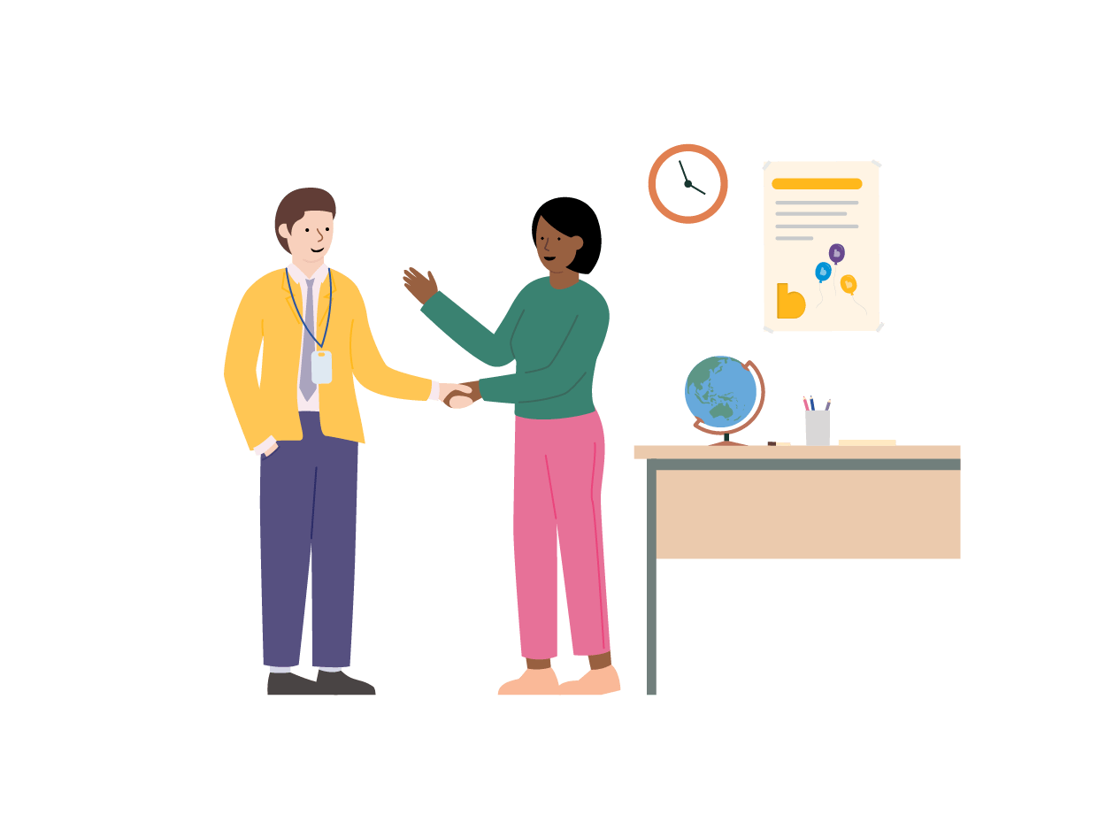 Illustration of consultant speaking to and helping educator next to desk