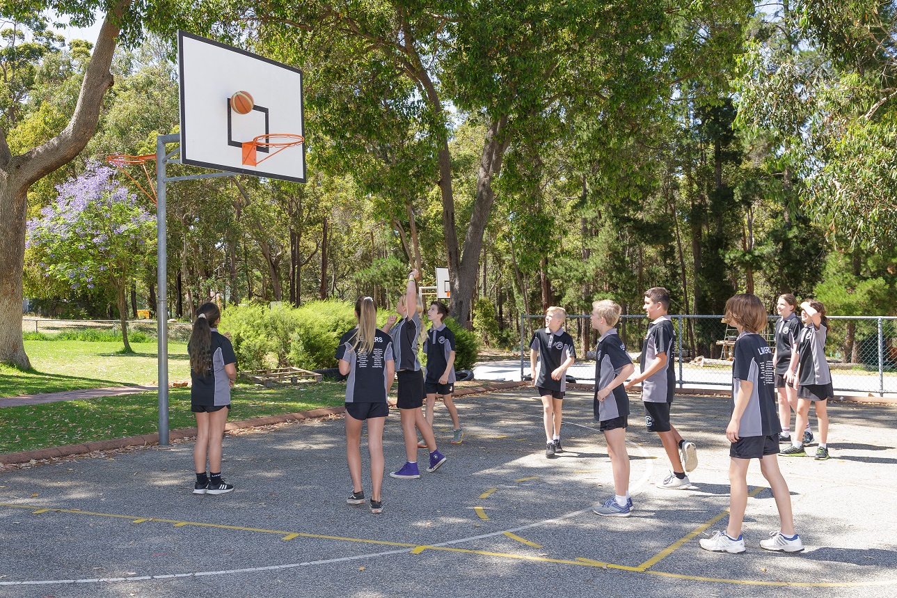 A group of children playing basketball