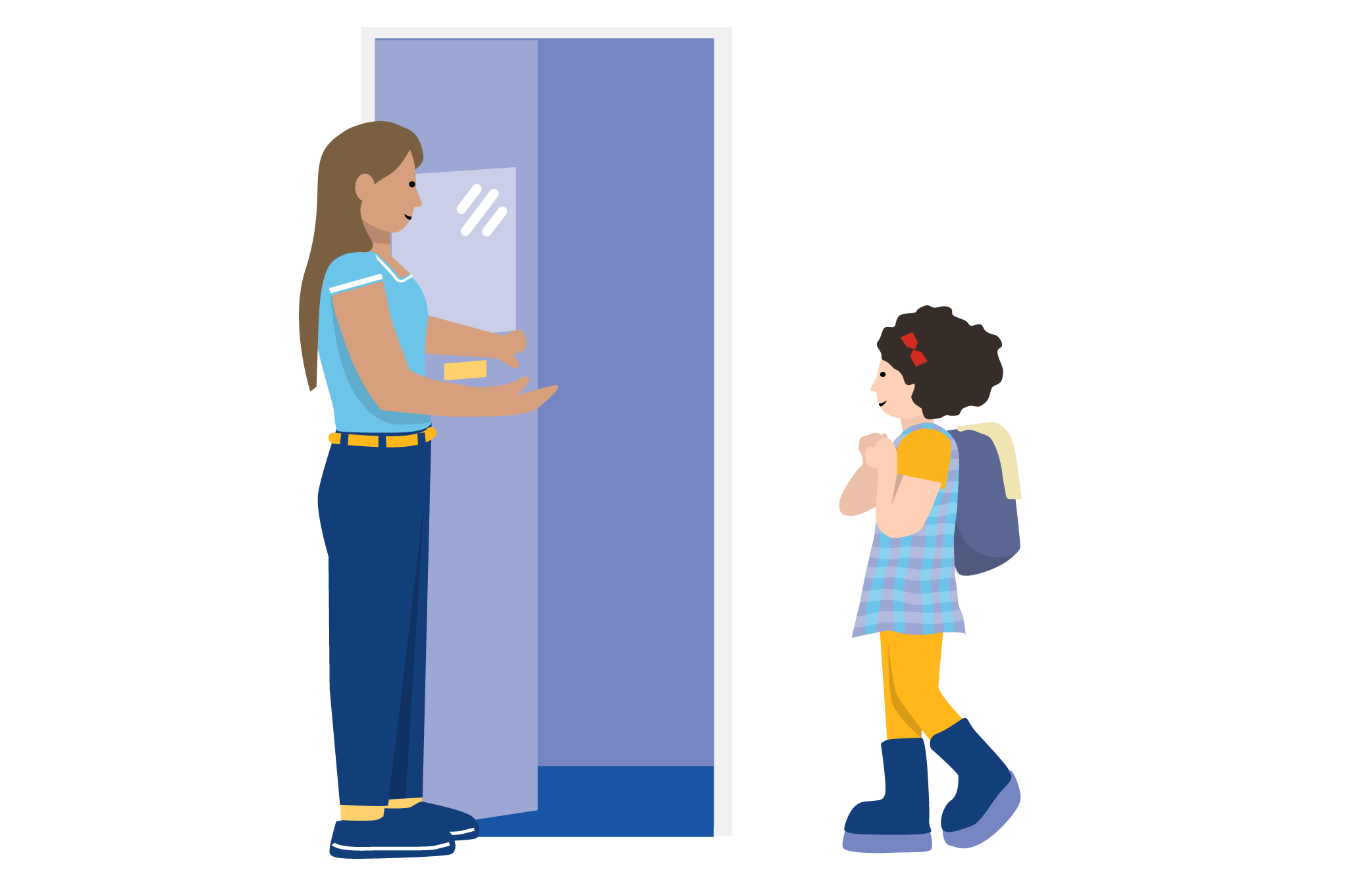 An educator holding the door open for a child to enter the room